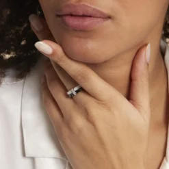 Bague Barette Bicolore Ceramique Argent Blanc Oxyde De Zirconium