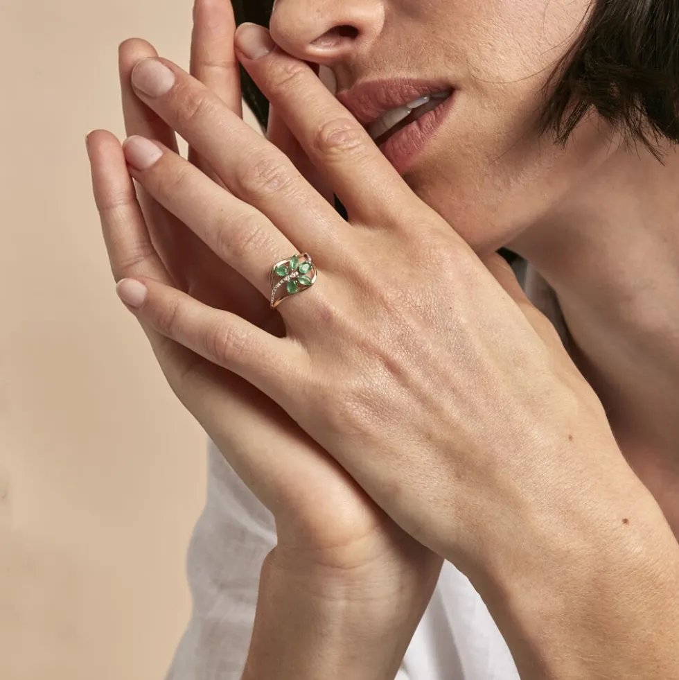 Bague Orchidee Or Jaune Emeraude Diamant