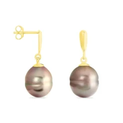 Boucles D'oreilles Pendantes Semi-baroque Or Jaune Perle De Tahiti