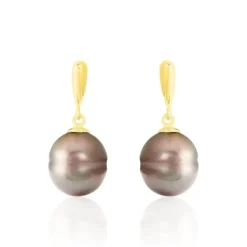Boucles D'oreilles Pendantes Semi-baroque Or Jaune Perle De Tahiti