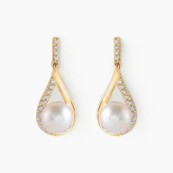 Boucles D'oreilles Pendantes Helin Or Jaune Perle De Culture Et Oxyde