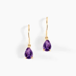 Boucles D'oreilles Pendantes Goutte Or Jaune Amethyste