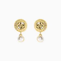 Boucles D'Oreilles Pendantes Guess Tiny Pearly Acier Jaune Oxyde De Zirconium Perle D'Imitation