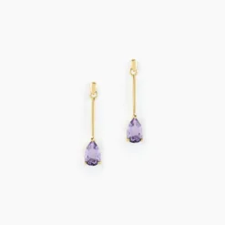 Boucles D'oreilles Pendantes Goutte Or Jaune Amethyste