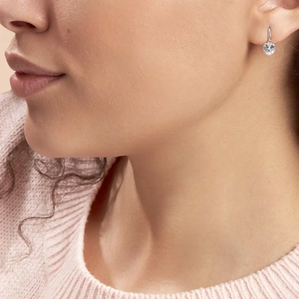 Boucles D'oreilles Pendantes Bo Coeur Pm Or Blanc Oxyde De Zirconium