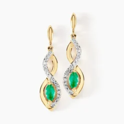 Boucles D'oreilles Pendantes Ondulations Or Jaune Emeraude Diamant
