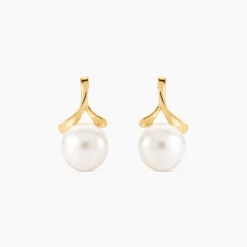 Boucles D'oreilles Pendantes Campanule Or Jaune Perle De Culture