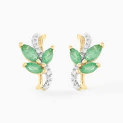 Boucles D'oreilles Puces Angie Or Jaune Emeraude Diamant