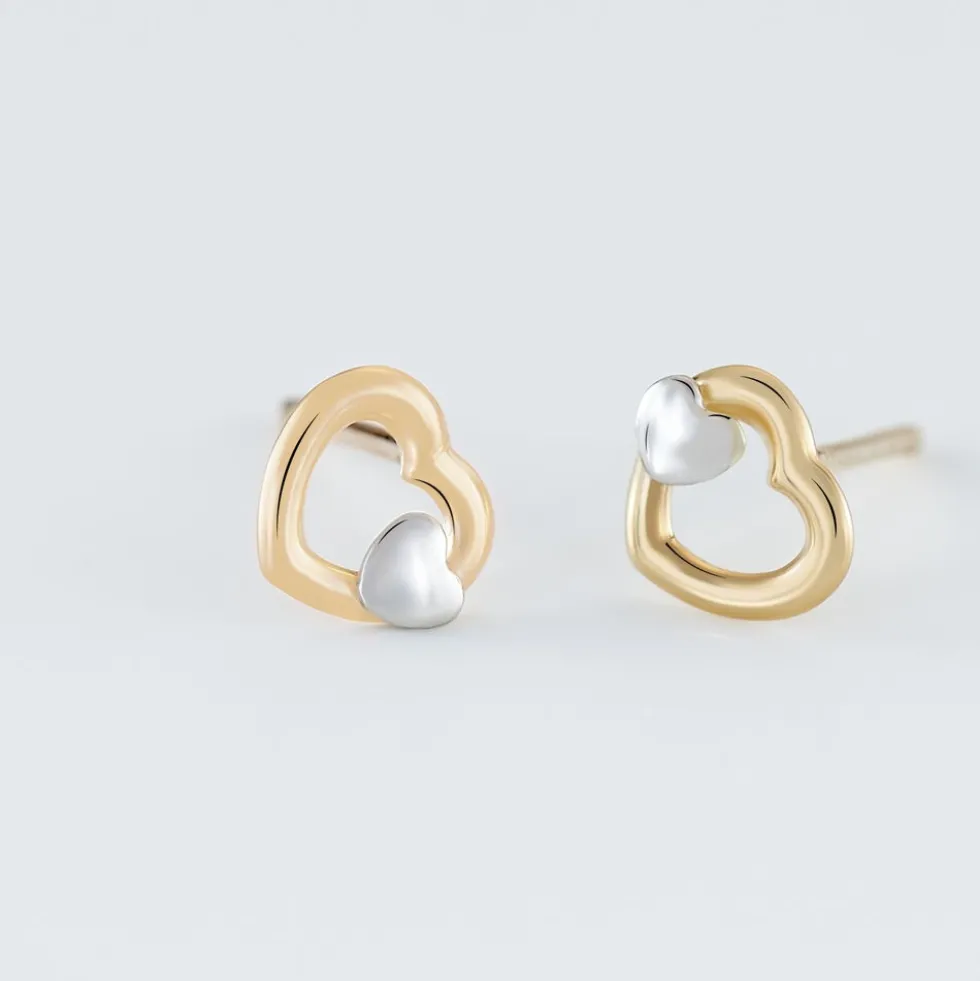 Boucles D'oreilles Puces Anne-maudae Double Coeurs Or Bicolore