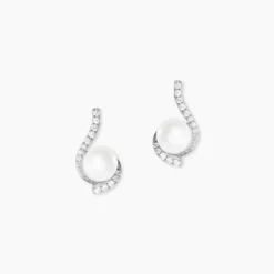 Boucles D'oreilles Puces Cassiopea Or Blanc Oxyde Et Perle De Culture