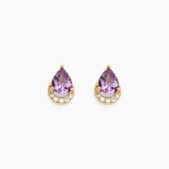 Boucles D'oreilles Puces Dinis Or Jaune Améthyste Oxyde De Zirconium