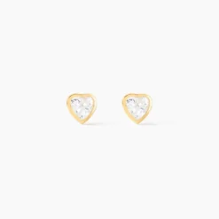 Boucles D'oreilles Puces Dot Coeur Plein Or Jaune Oxyde De Zirconium