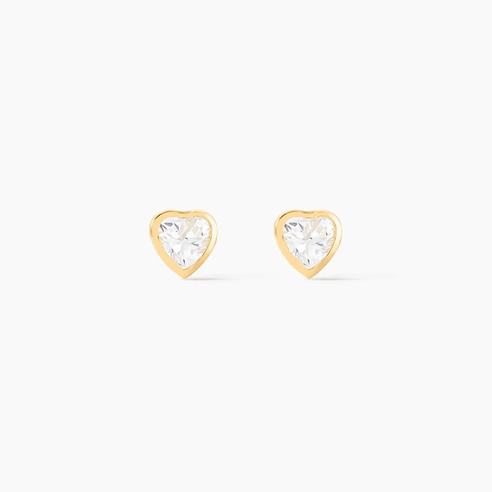 Boucles D'oreilles Puces Dot Coeur Plein Or Jaune Oxyde De Zirconium