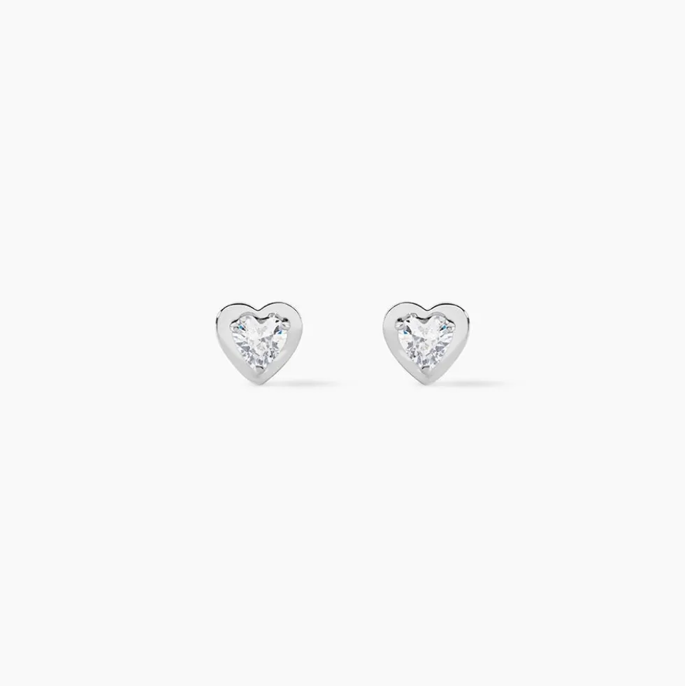 Boucles D'oreilles Puces Dot Coeur Plein Or Blanc Oxyde De Zirconium