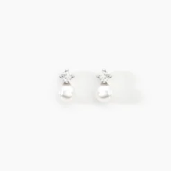Boucles D'oreilles Puces Eolande Or Blanc Perle De Culture Et Oxyde