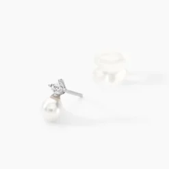 Boucles D'oreilles Puces Eolande Or Blanc Perle De Culture Et Oxyde
