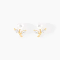 Boucles D'oreilles Puces Frigga Or Jaune Perle De Culture Et Oxyde