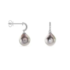 Boucles D'oreilles Puces Gatiene Or Blanc Perle De Culture Et Diamant