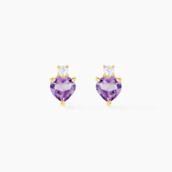 Boucles D'oreilles Puces Heart Or Jaune Améthyste Oxyde Zirconium