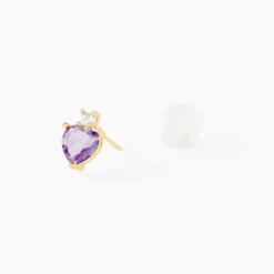 Boucles D'oreilles Puces Heart Or Jaune Améthyste Oxyde Zirconium