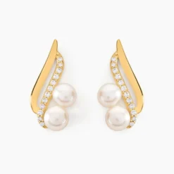 Boucles D'oreilles Puces Loeva Or Jaune Perle De Culture Et Oxyde