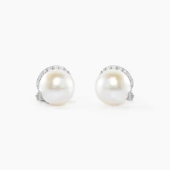 Boucles D'oreilles Puces Lucinda Or Blanc Perle De Culture Et Oxyde