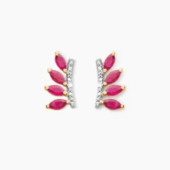 Boucles D'oreilles Puces Navette Or Jaune Rubis Diamant