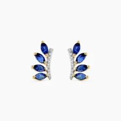 Boucles D'oreilles Puces Navette Or Jaune Saphir Diamant