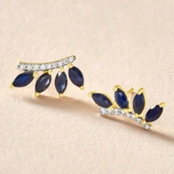 Boucles D'oreilles Puces Navette Or Jaune Saphir Diamant