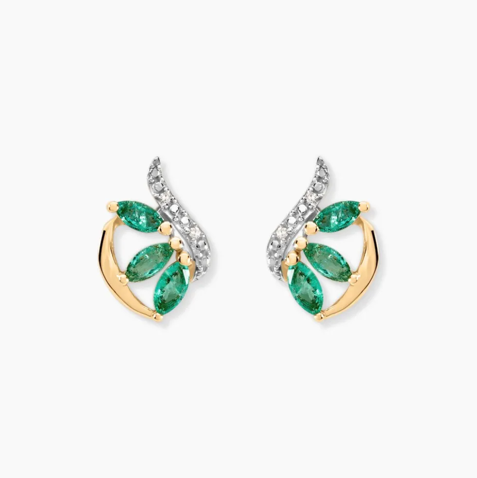 Boucles D'oreilles Puces Or Bicolore Petale Emeraude Diamant