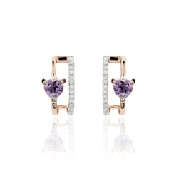 Boucles D'oreilles Puces Or Rose Amethyste Et Diamant