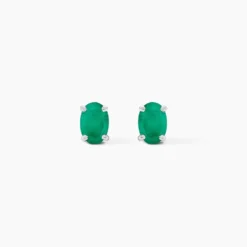 Boucles D'oreilles Puces Ovale Or Blanc Emeraude