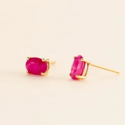 Boucles D'oreilles Puces Ovale Or Jaune Rubis