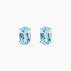 Boucles D'oreilles Puces Ovale Serti Griffe Or Blanc Topaze