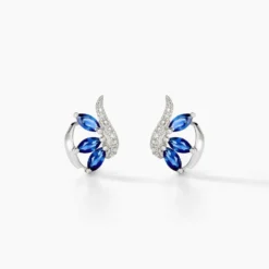 Boucles D'oreilles Puces Petale Or Blanc Saphir Et Diamant