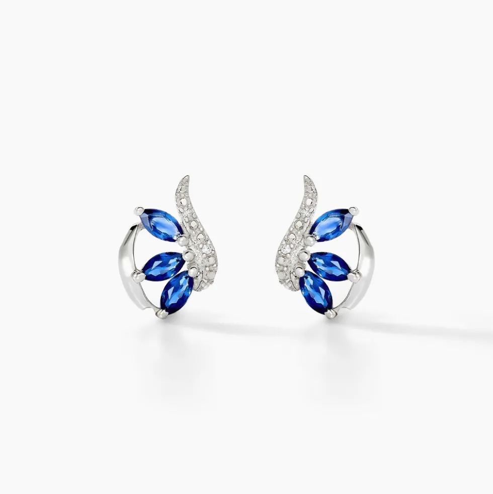 Boucles D'oreilles Puces Petale Or Blanc Saphir Et Diamant