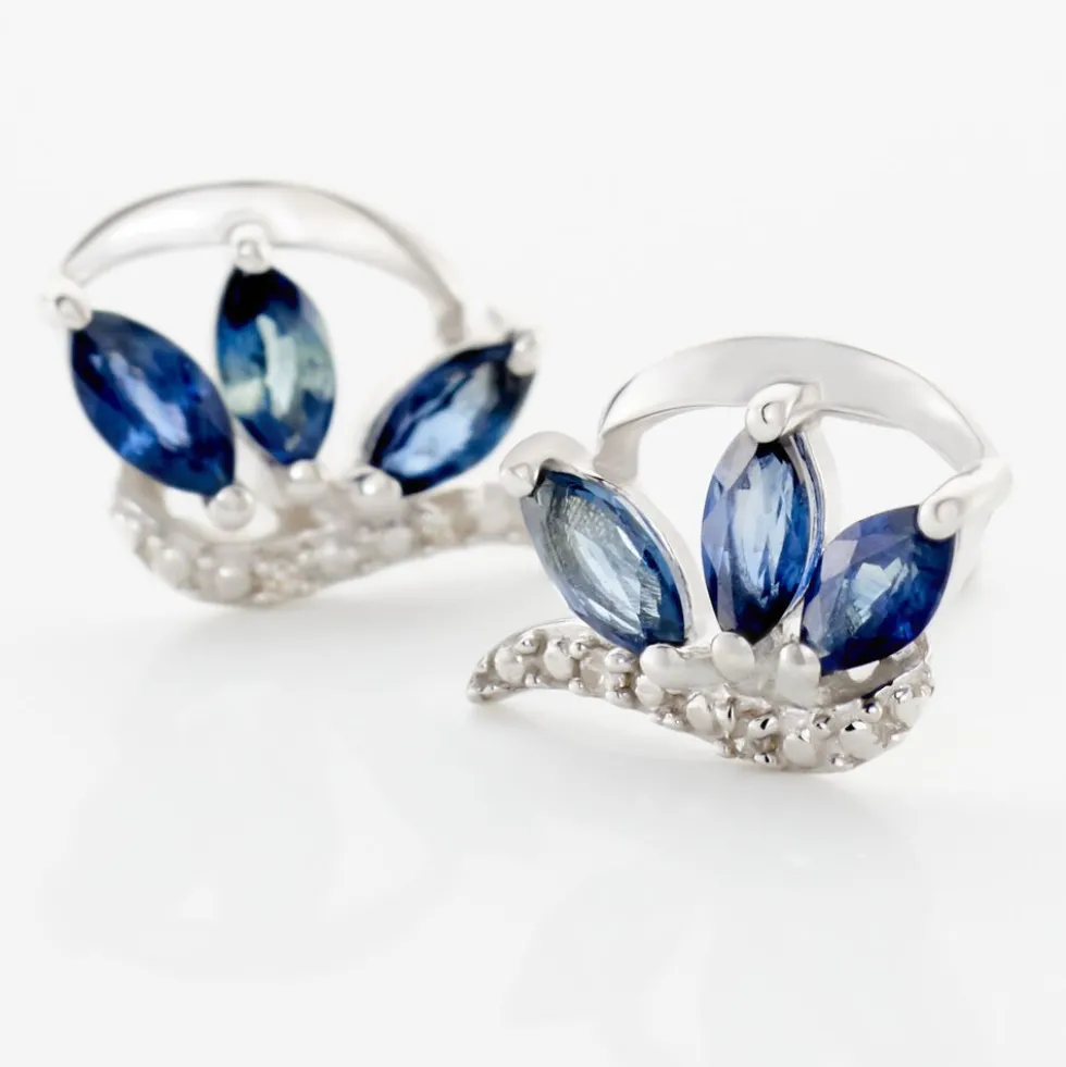 Boucles D'oreilles Puces Petale Or Blanc Saphir Et Diamant