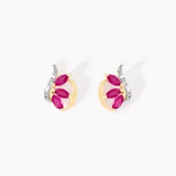 Boucles D'oreilles Puces Petale Or Bicolore Rubis Et Diamant