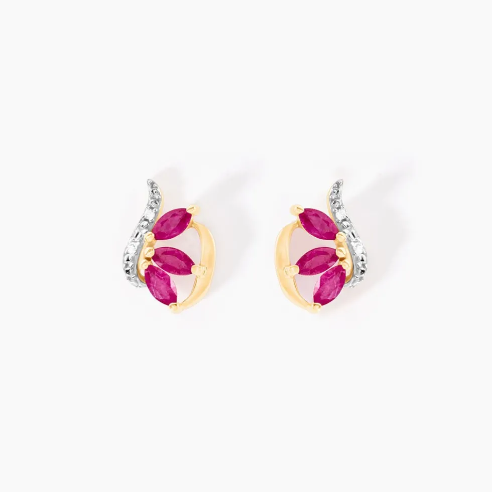 Boucles D'oreilles Puces Petale Or Bicolore Rubis Et Diamant