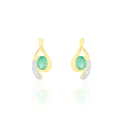 Boucles D'oreilles Puces Sagesse Or Jaune Emeraude Et Diamant