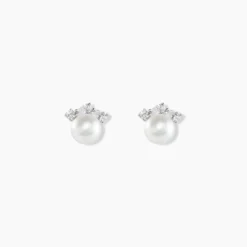 Boucles D'oreilles Puces Yarie Or Blanc Perle De Culture Et Oxyde
