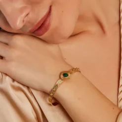 Bracelet Jonc Athena Acier Doré Malachite