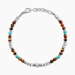 Bracelet Naturel Acier Blanc Oeil De Tigre Turquoise