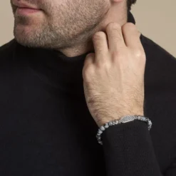 Bracelet Philo Acier Blanc Obsidienne Pierre De Lave