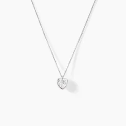 Collier Coeur Serti Clos Or Blanc Oxyde De Zirconium