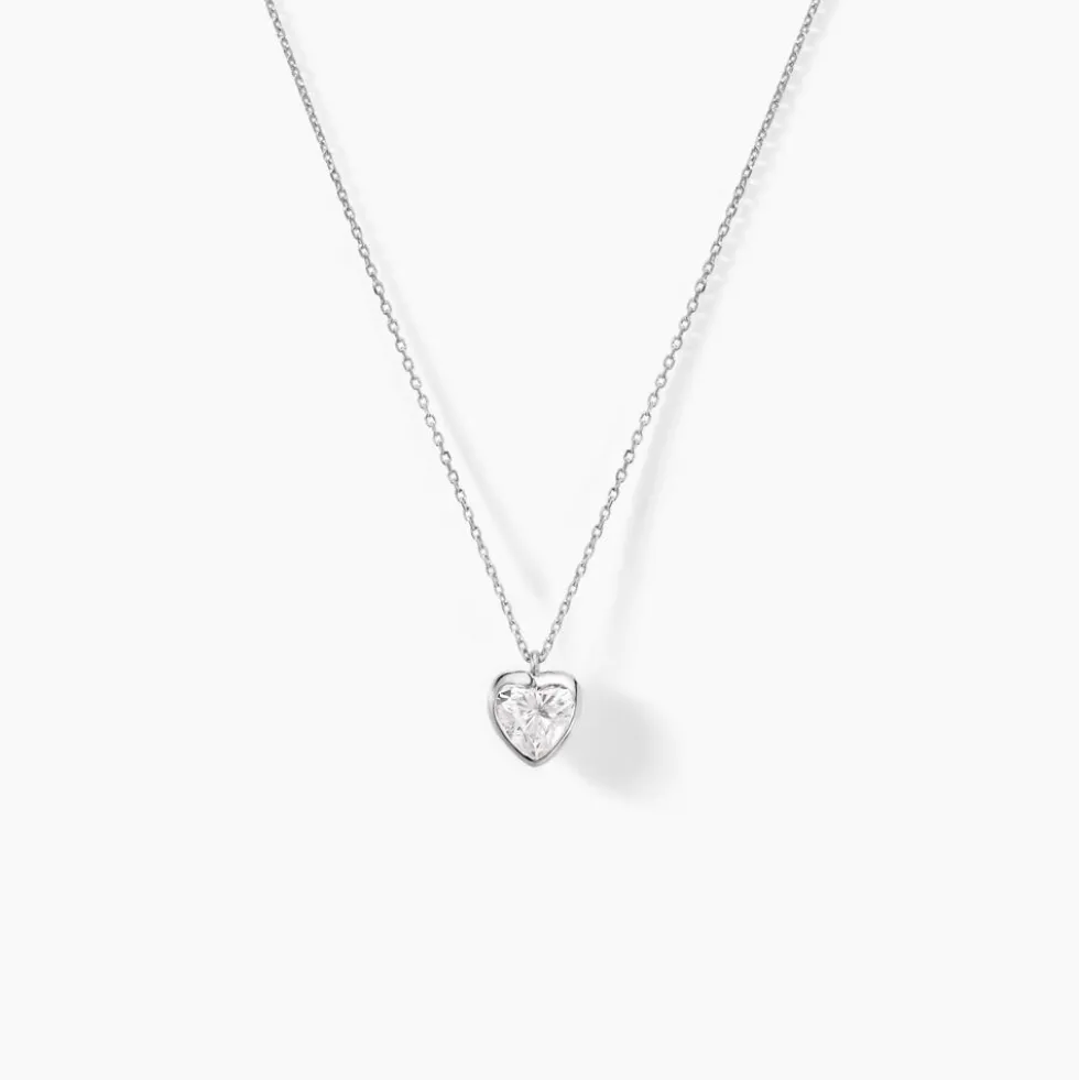 Collier Coeur Serti Clos Or Blanc Oxyde De Zirconium
