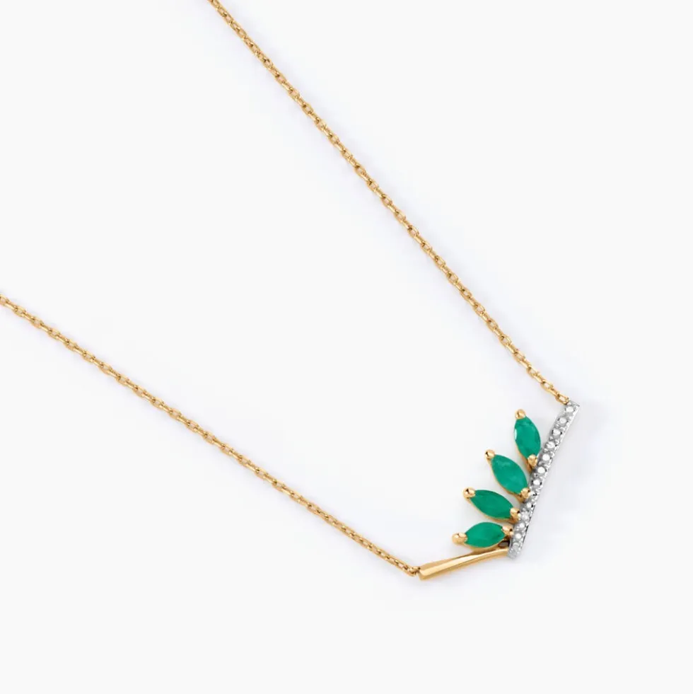 Collier Navette Or Jaune Emeraude Diamant