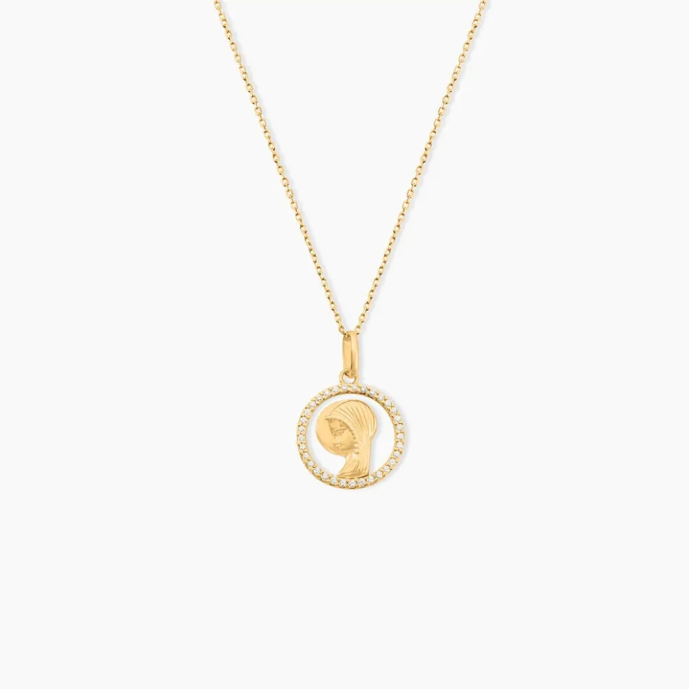 Pendentif Mary Vierge Rond Diamante Or Jaune Oxyde De Zirconium